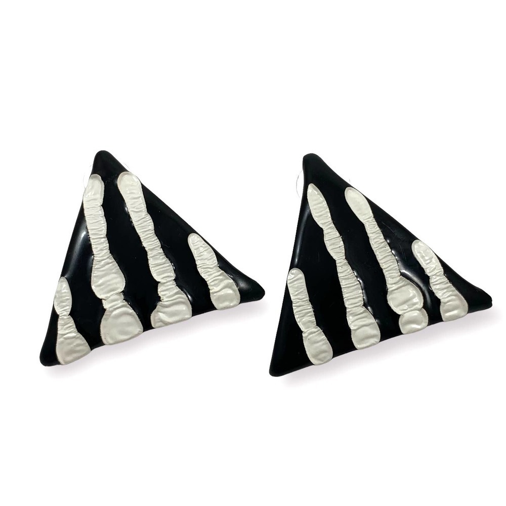 Vintage large triangular black and white pinstripe enamel earrings